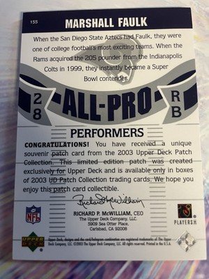 2003 Upper Deck Patch Collection Marshall Faulk All-Pro Performers #155 Rams - Image 3