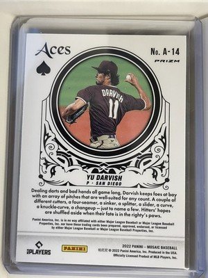 Yu Darvish Aces Insert A-14 2022 Panini Mosaic Green Prizm Parallel Padres - Image 2