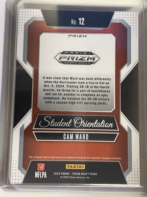 2025 Panini Prizm Draft Picks Cam Ward Student Orientation Green RC Titans - Image 2