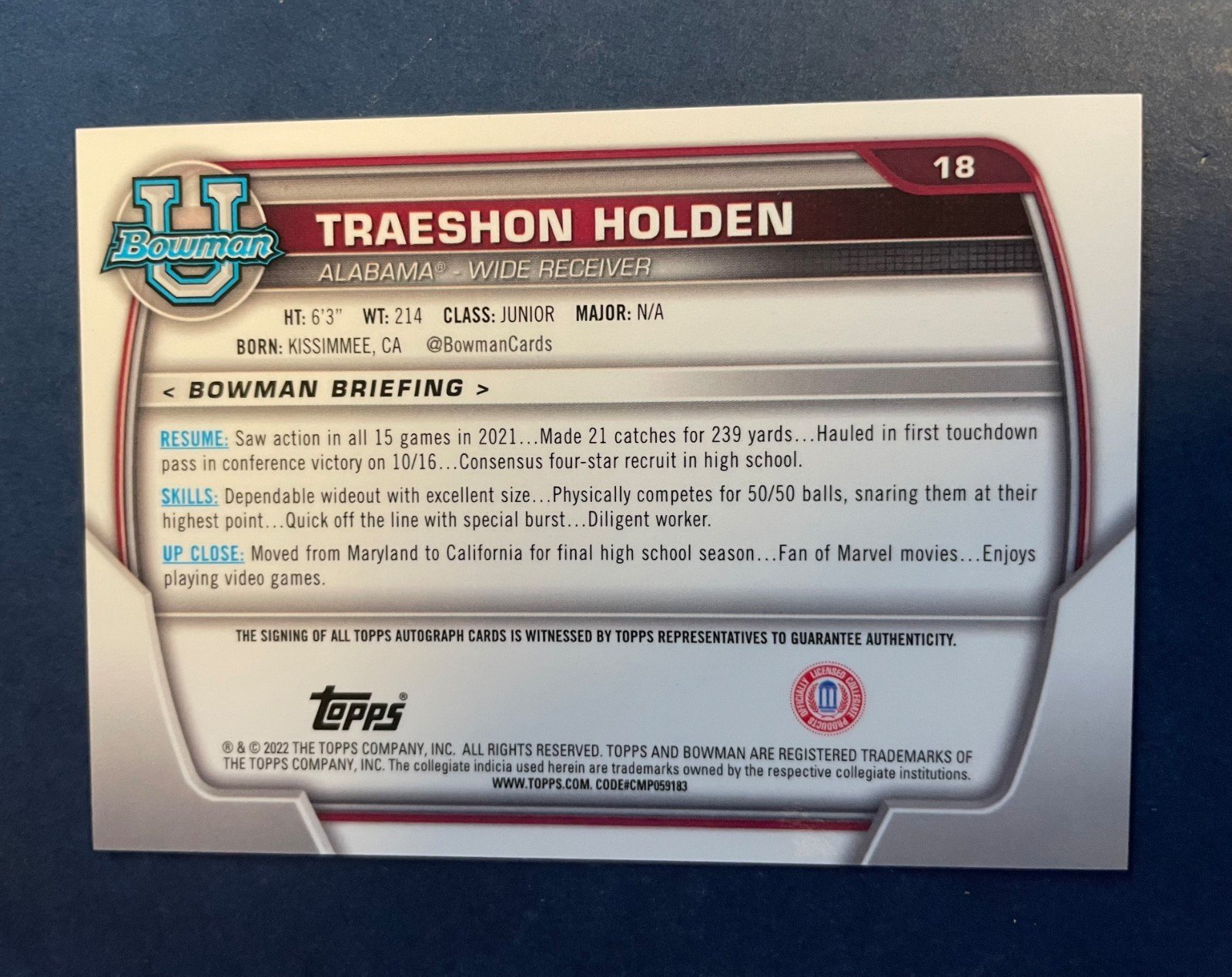 2022 Bowman U Traeshon Holden #18 Auto Ist Bowman - Image 2